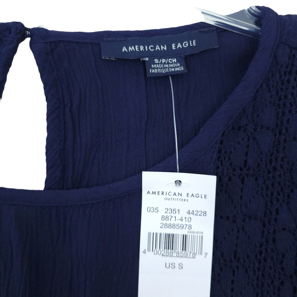 NEW American Eagle Top Small Navy Blue Boho Embroidered Short Sleeve Festival - Picture 3 of 5